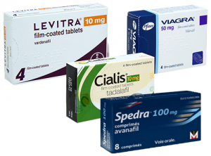 Photo de boites de medicaments de la famille des ipde5 (Viagra, Levitra, Cialis et Spredra) contre les troubles de l'érection et l'impuissance