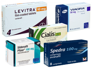 Photo de boites de medicaments de la famille des ipde5 (Viagra, Levitra, Cialis, Spredra et Sildenafil) contre les troubles de l'érection et l'impuissance